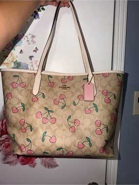 Coach Beige Cherry Print Tote with Pink Trim